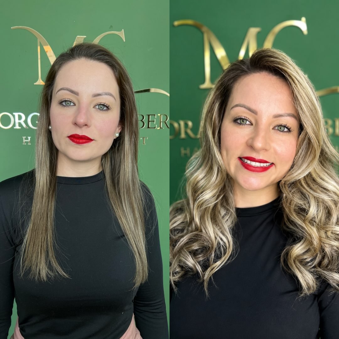 Comparação de antes e depois, cabelo loiro com mais volume e ondas