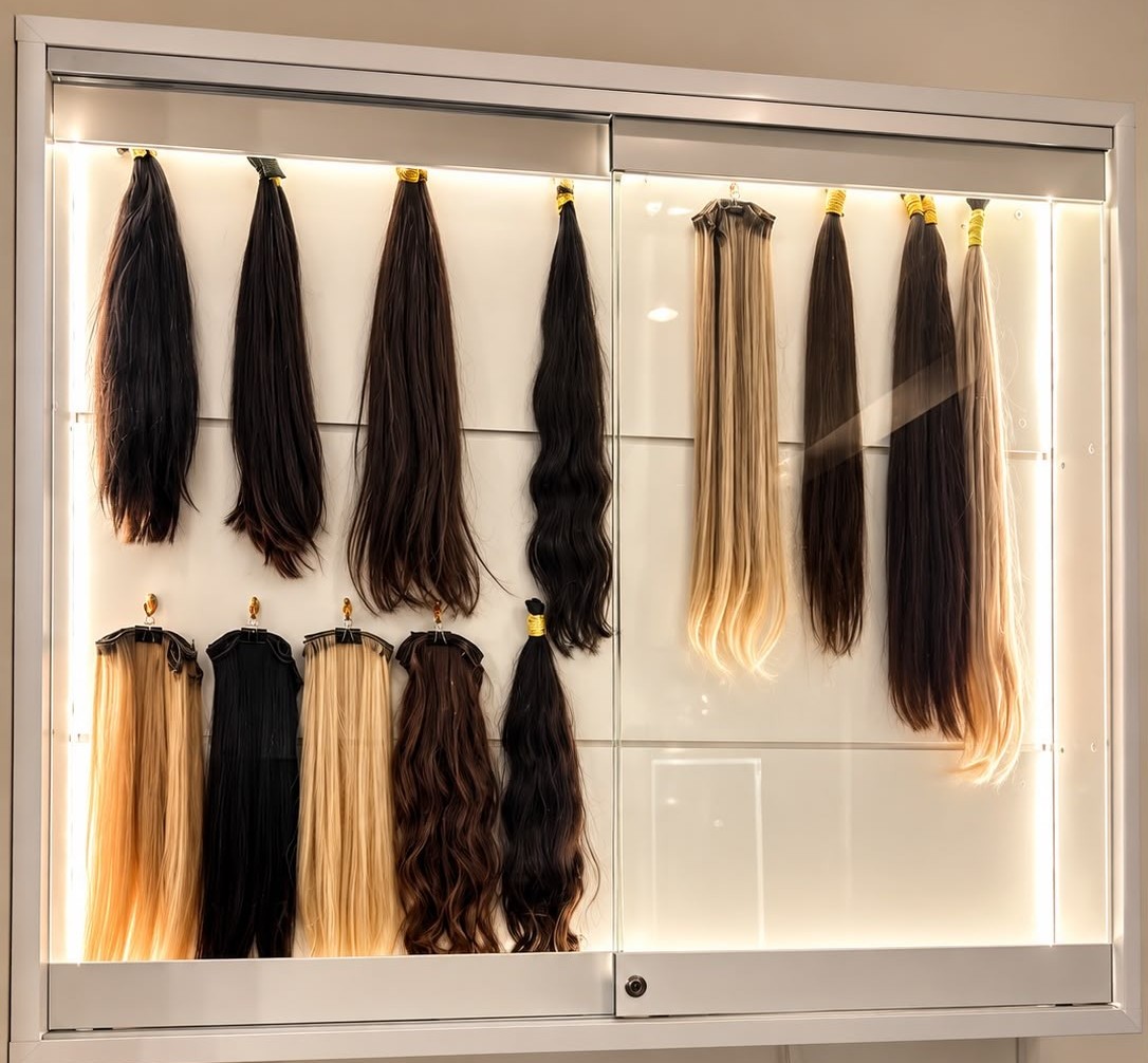 Vitrine iluminada com mechas de cabelo selecionadas para Mega Hair no salão Morganna Ciberiê